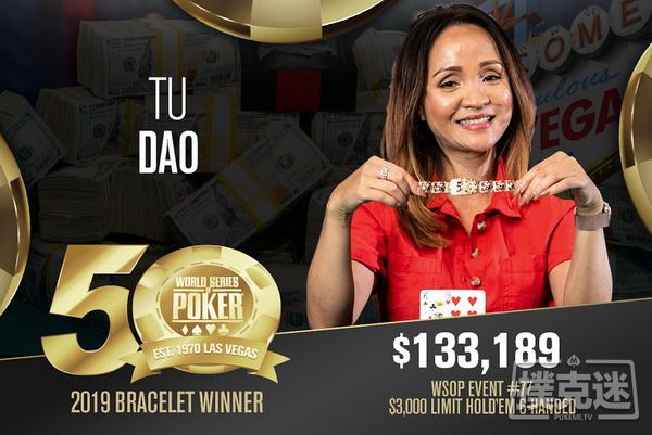 女美天棋牌牌手Tu Dao赢得$3,000有限德扑六人桌赛事冠军